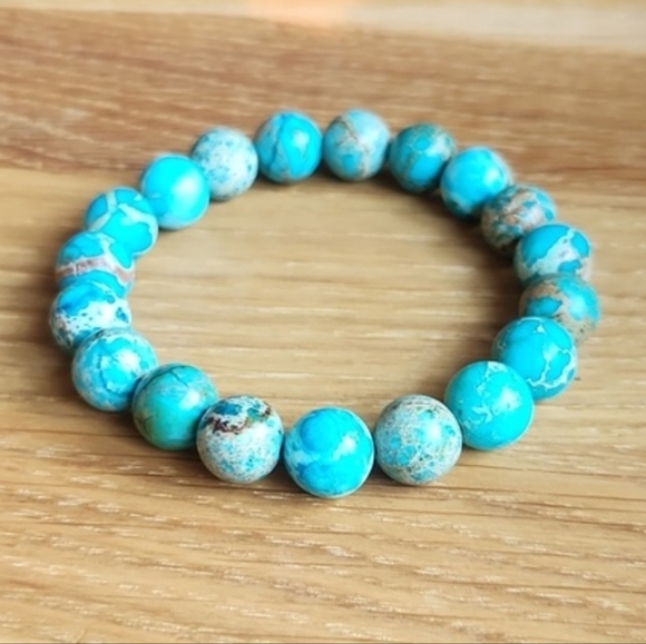 SOLD Turquoise Imperial Sea Sediment Jasper Bead Stretch Hand Crafted Bracelet - Picture 4 of 9